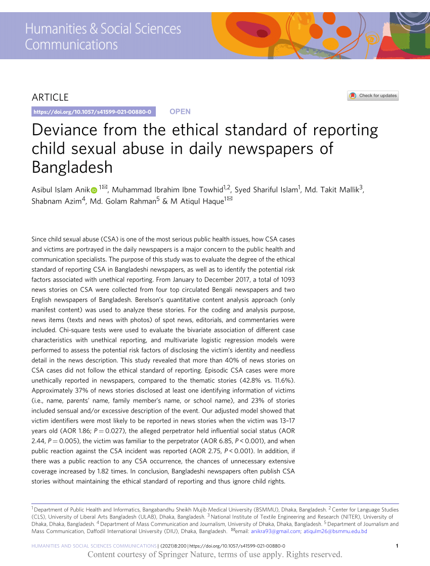 PDF) Deviance from the ethical standard of reporting child sexual abuse in daily newspapers of Bangladesh
