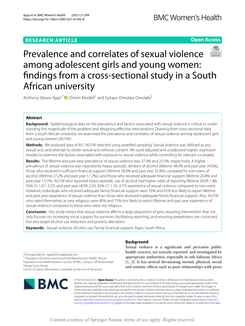 PDF) Prevalence and correlates of sexual violence among adolescent girls and young women findings from a cross-sectional study in a South African university picture photo