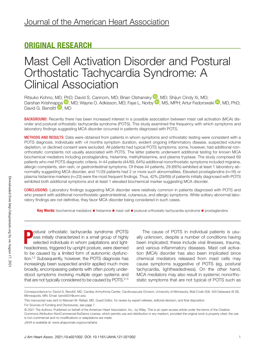 PDF) Mast Cell Activation Disorder and Postural Orthostatic Tachycardia  Syndrome: A Clinical Association