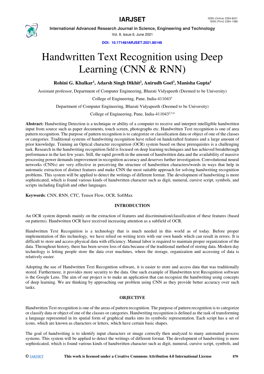 Pdf Handwritten Text Recognition Using Deep Learning Cnn And Rnn