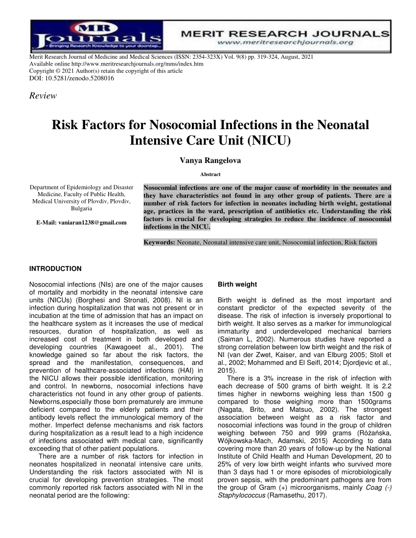 Pdf Risk Factors For Nosocomial Infections In The Neonatal Intensive Care Unit Nicu