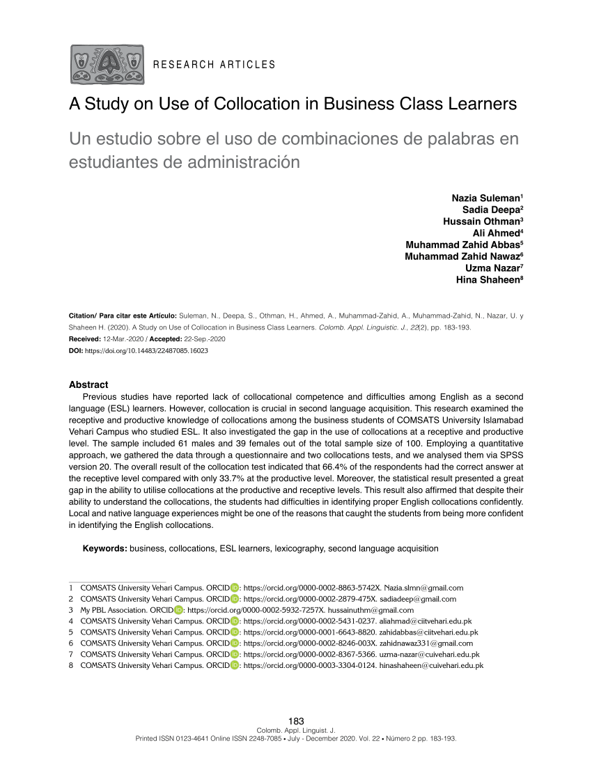 PDF) A Study on Use of Collocation in Business Class Learners Un