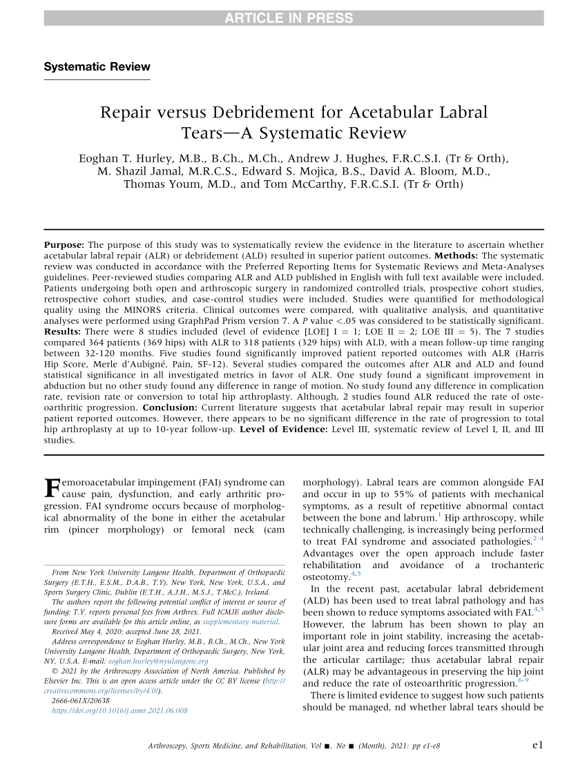 Pdf Repair Versus Debridement For Acetabular Labral Tears—a