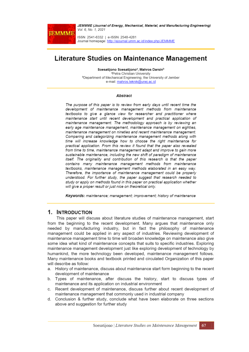 literature review on maintenance management