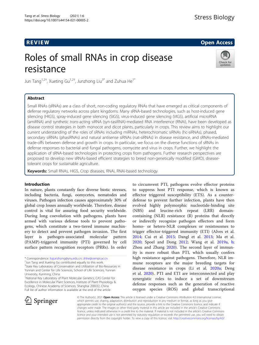 PDF) Roles of small RNAs in crop disease resistance