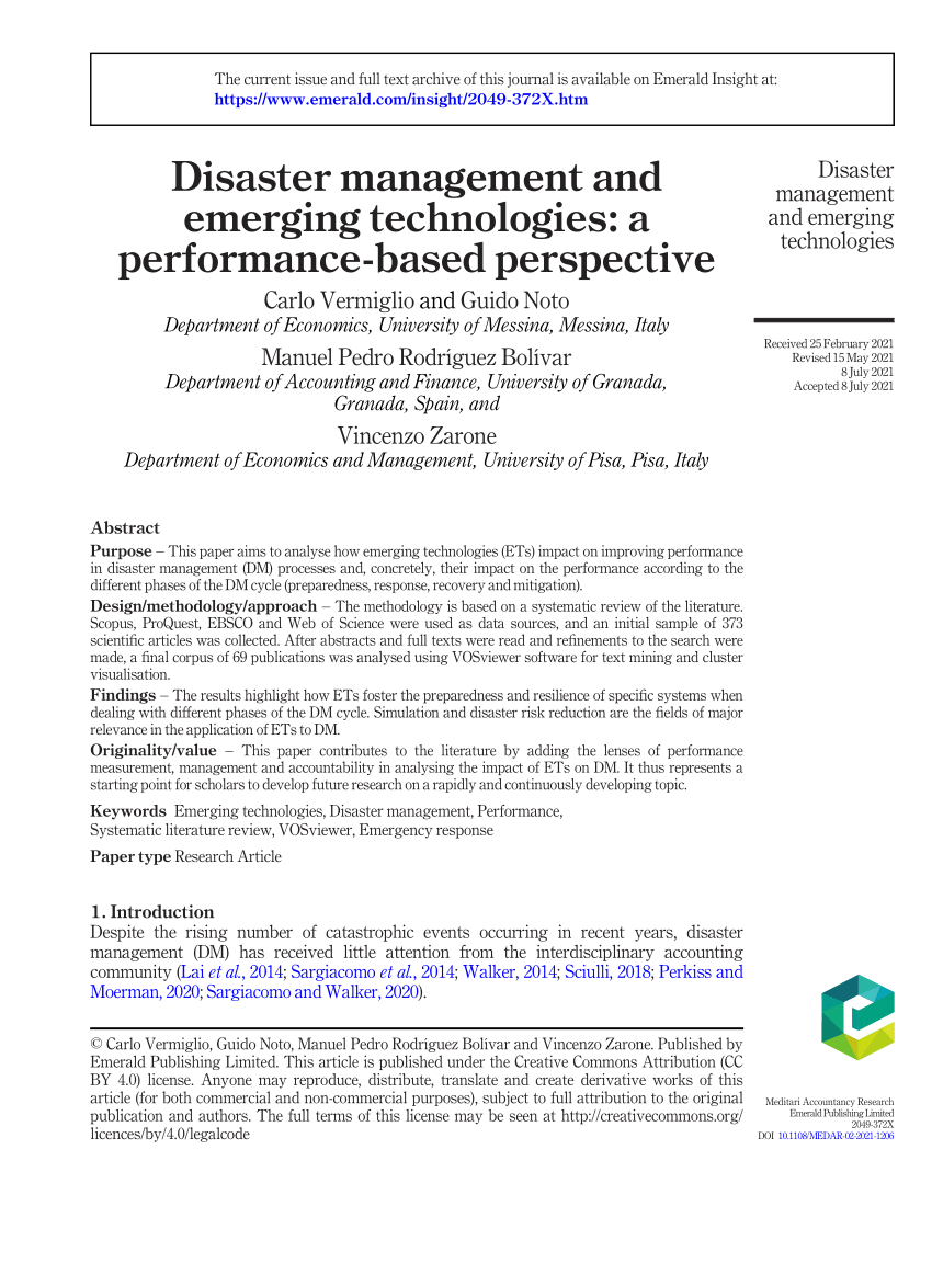 PDF) Disaster management and emerging technologies: a performance