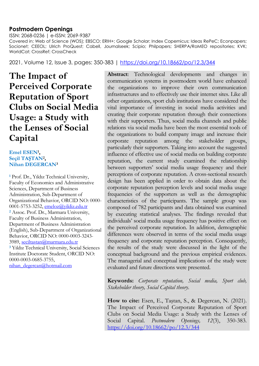 Pdf Postmodern Openings The Impact Of Perceived Corporate Reputation Of Sport Clubs On Social Media Usage A Study With The Lenses Of Social Capital