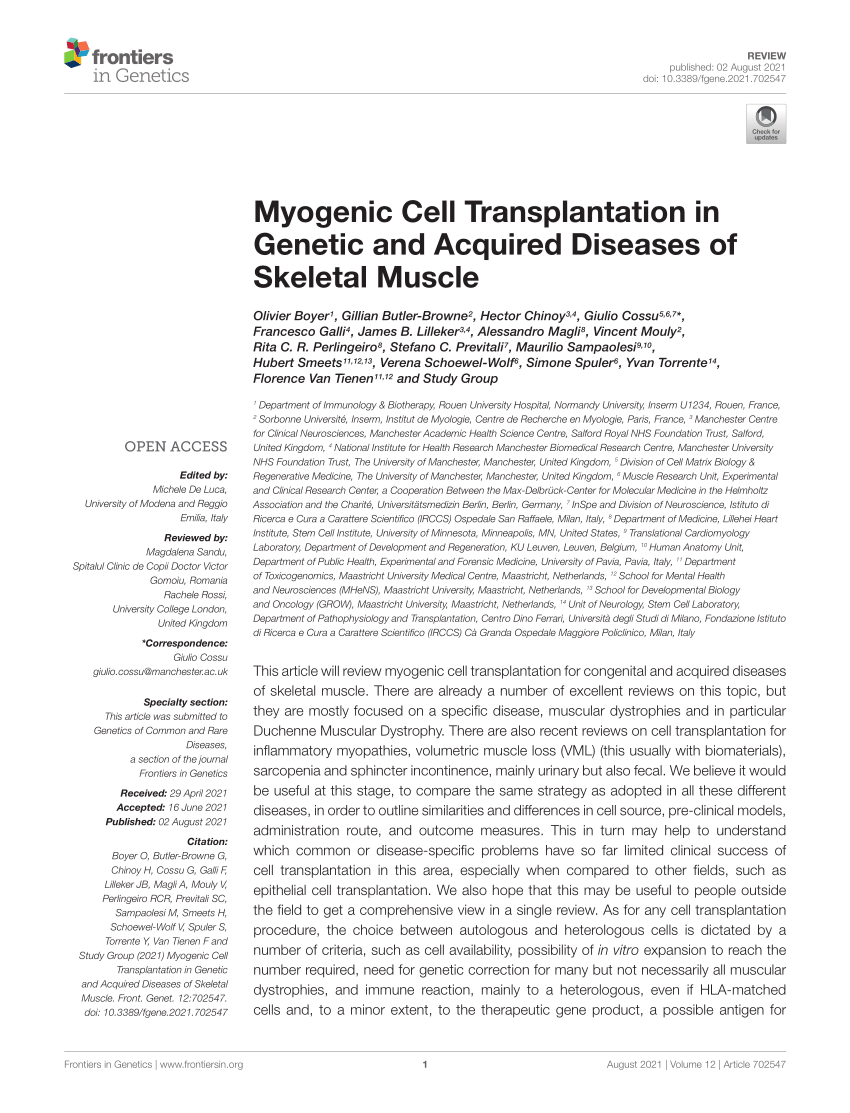 Frontiers  Myogenic Cell Transplantation in Genetic and Acquired
