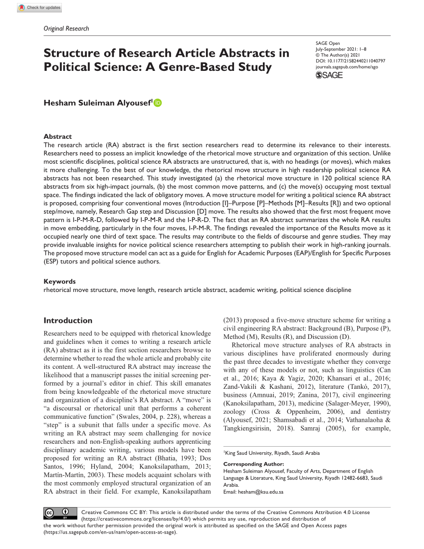 Pdf Structure Of Research Article Abstracts In Political Science A