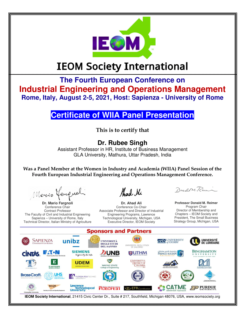 (PDF) IEOM Society International Certificate of WIIA Panel Presentation