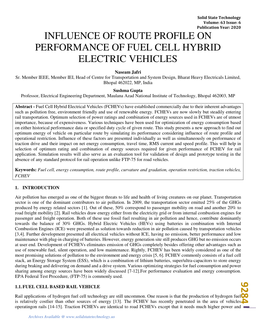 (PDF) INFLUENCE OF ROUTE PROFILE ON PERFORMANCE OF FUEL CELL HYBRID