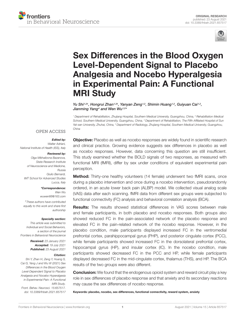 PDF) Sex Differences in the Blood Oxygen Level-Dependent Signal to Placebo  Analgesia and Nocebo Hyperalgesia in Experimental Pain: A Functional MRI  Study