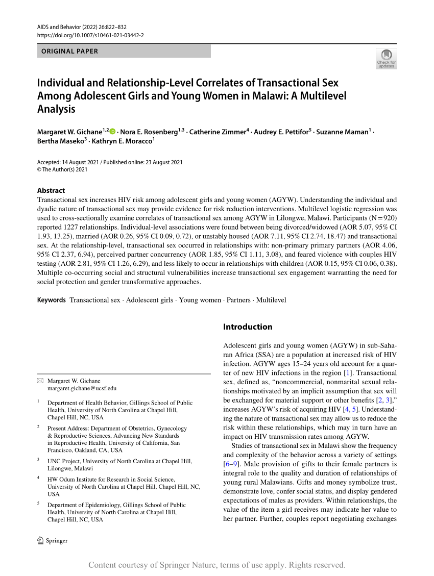 PDF) Individual and Relationship-Level Correlates of Transactional Sex  Among Adolescent Girls and Young Women in Malawi: A Multilevel Analysis