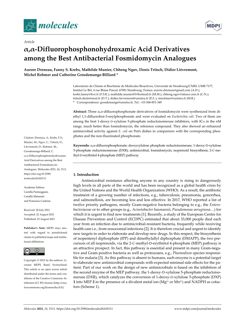 Pdf A A Difluorophosphonohydroxamic Acid Derivatives Among The Best Antibacterial Fosmidomycin Analogues