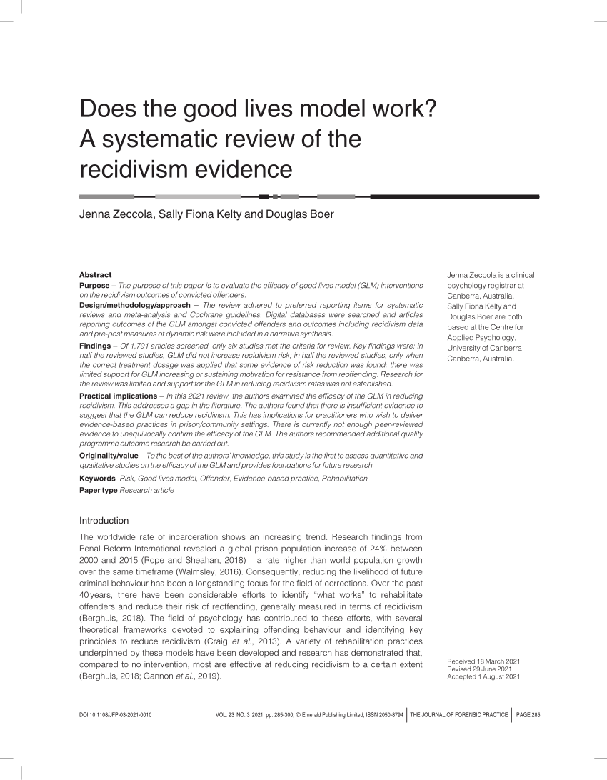 Pdf Does The Good Lives Model Work A Systematic Review Of The Recidivism Evidence 7069