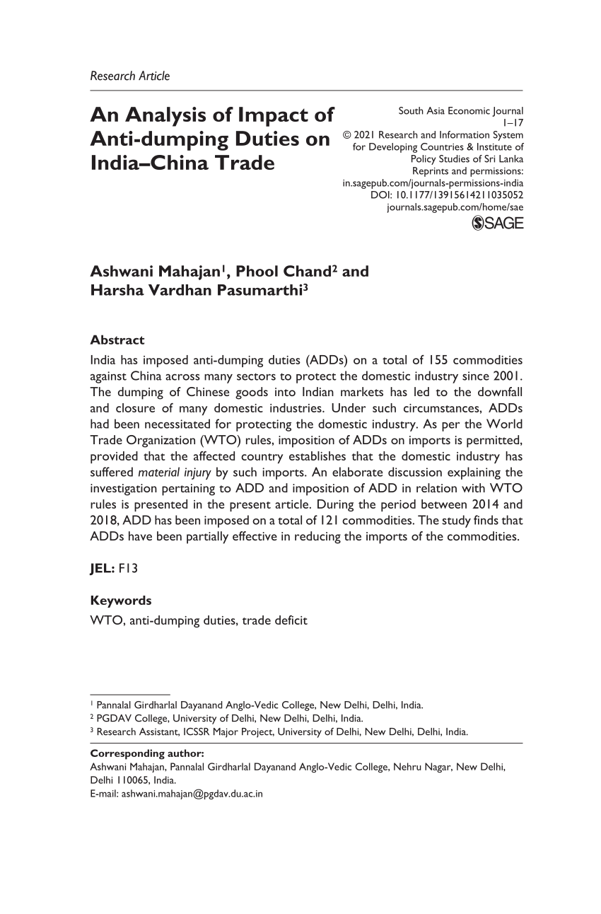 Pdf An Analysis Of Impact Of Anti Dumping Duties On Indiachina Trade