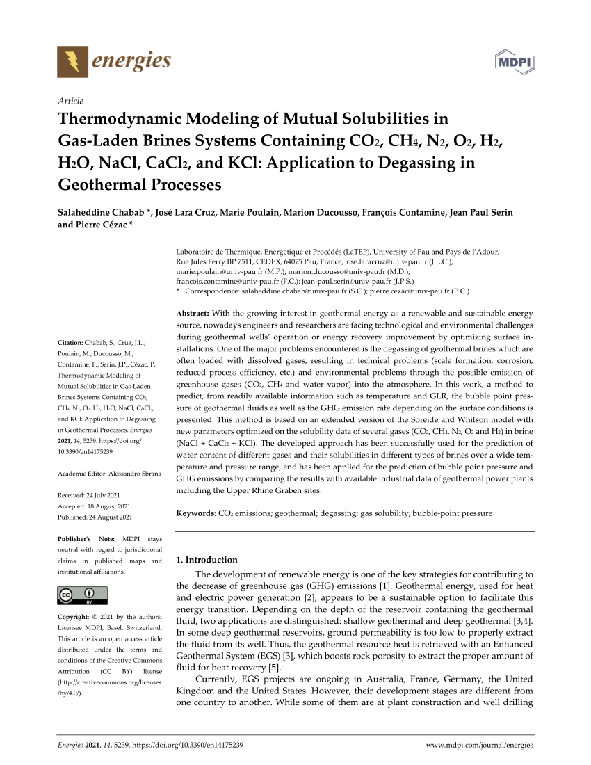 Pdf Thermodynamic Modeling Of Mutual Solubilities In Gas Laden Brines Systems Containing Co2 Ch4 N2 O2 H2 H2o Nacl Cacl2 And Kcl Application To Degassing In Geothermal Processes