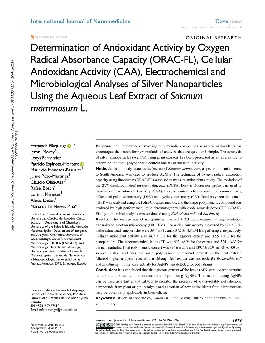 Determination of Antioxidant Activity by Oxygen Radical Absorbance Capacity (ORAC-FL), Cellular Antioxidant Activity (CAA), Electrochemical and Analyses of Silver Nanoparticles Using the Aqueous Leaf Extract of Solanum mammosum L