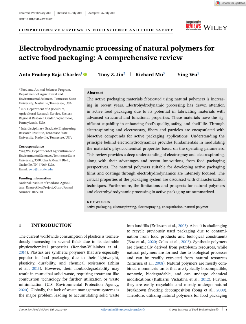 PDF) Electrohydrodynamic processing of natural polymers for active food  packaging: A comprehensive review