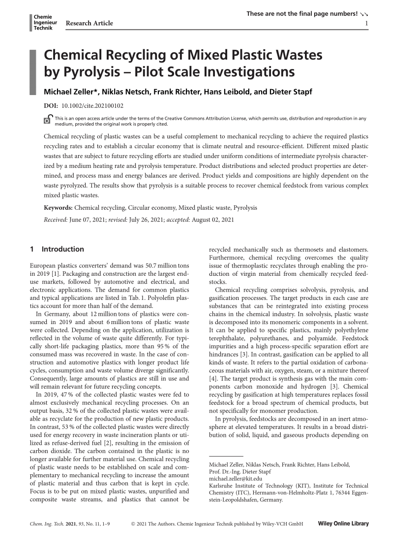 PDF) Chemical Recycling of Mixed Plastic Wastes by Pyrolysis – Pilot Scale  Investigations