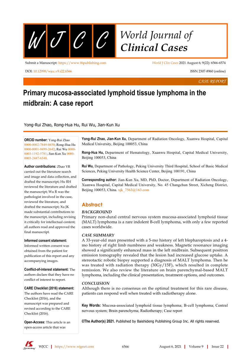 Pdf Primary Mucosa Associated Lymphoid Tissue Lymphoma In The Midbrain A Case Report 8725