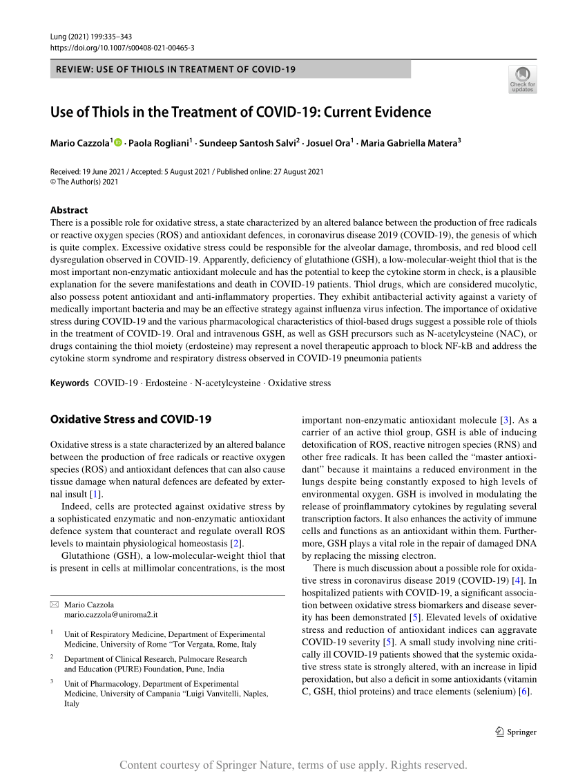 PDF Use of Thiols in the Treatment of COVID 19 Current Evidence 