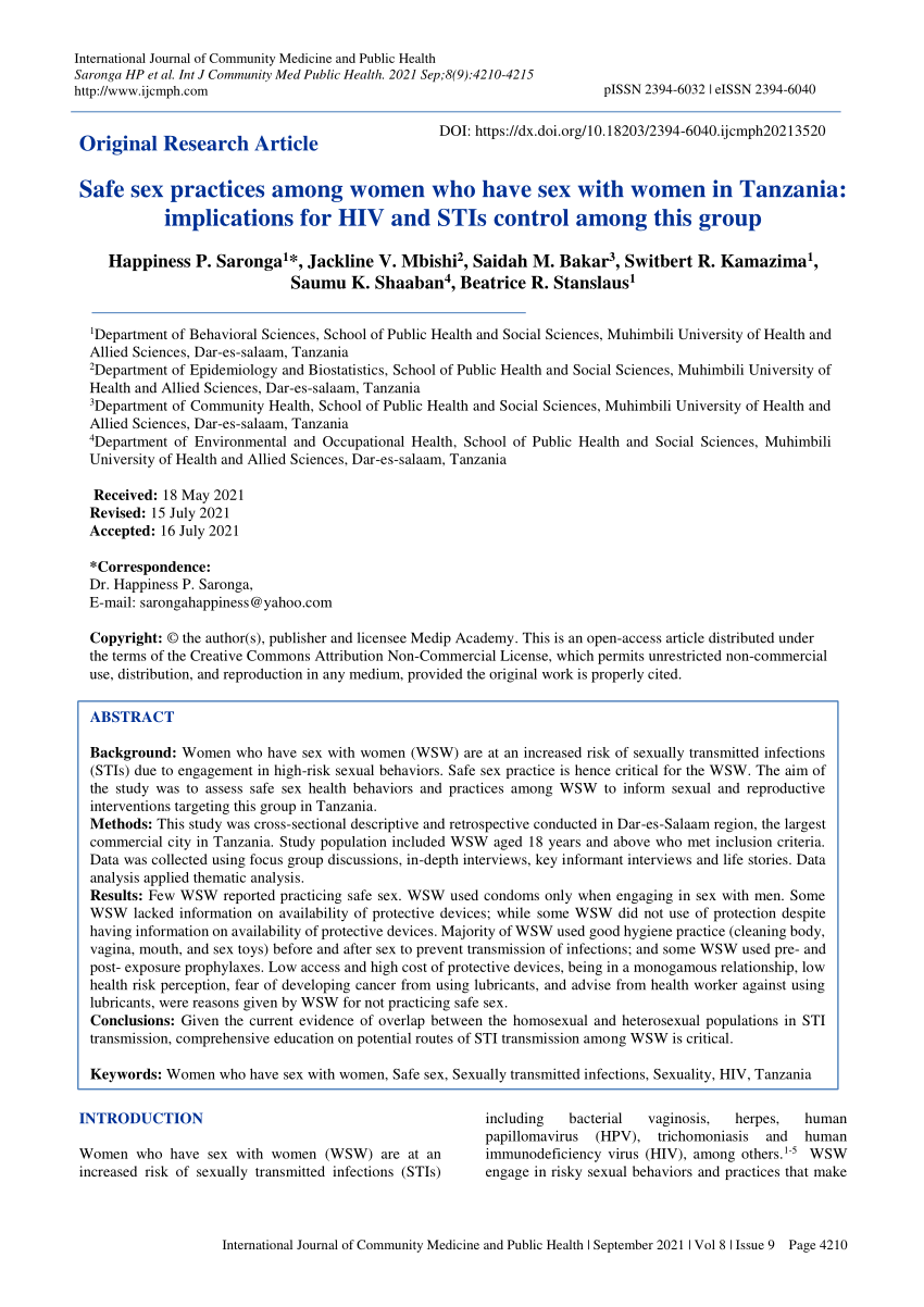 PDF) Safe sex practices among women who have sex with women in Tanzania:  implications for HIV and STIs control among this group