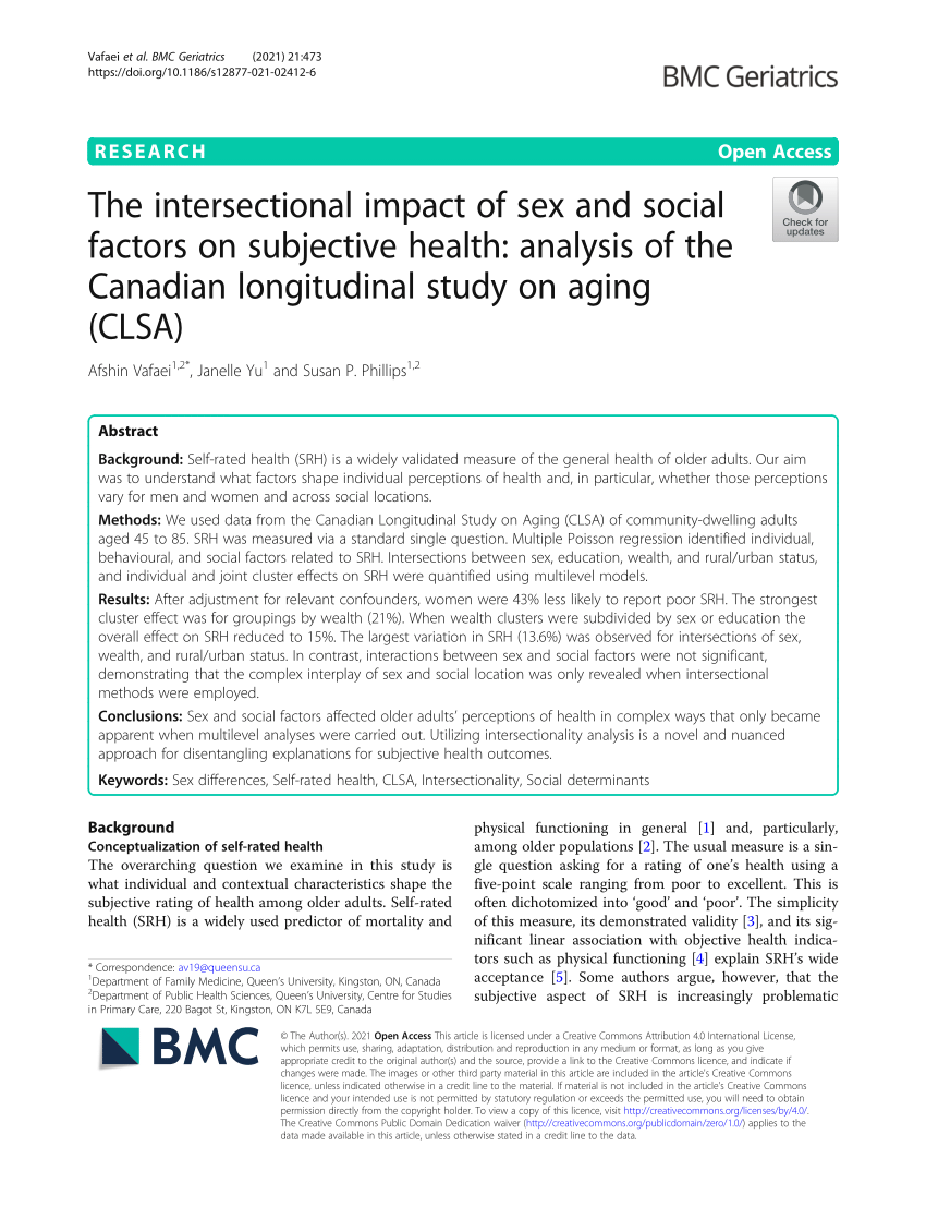PDF) The intersectional impact of sex and social factors on subjective health analysis of the Canadian longitudinal study on aging (CLSA)