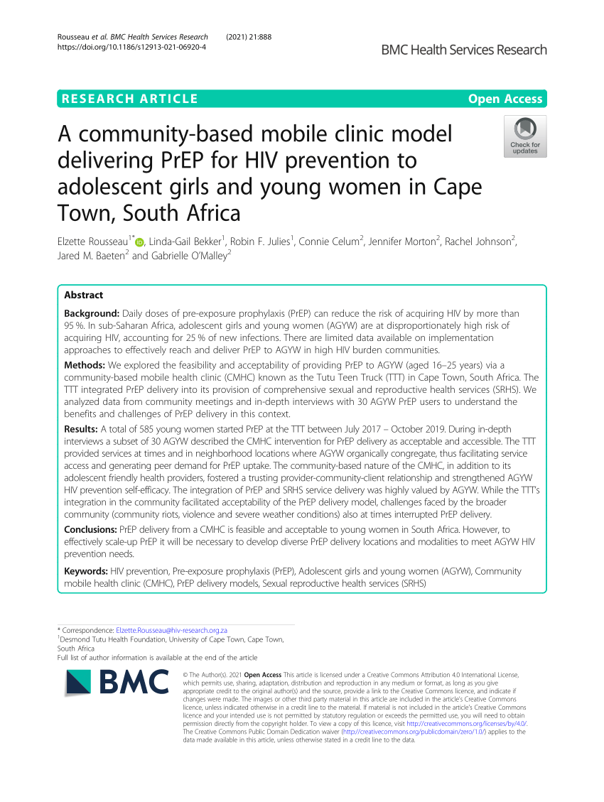 PDF) A community-based mobile clinic model delivering PrEP for HIV prevention to adolescent girls and young women in Cape Town, South Africa