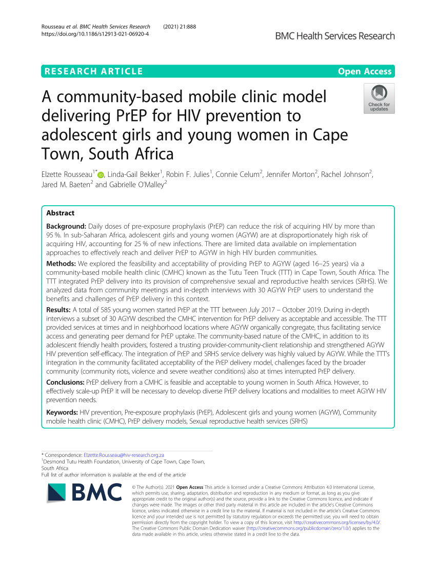 PDF A community based mobile clinic model delivering PrEP for HIV