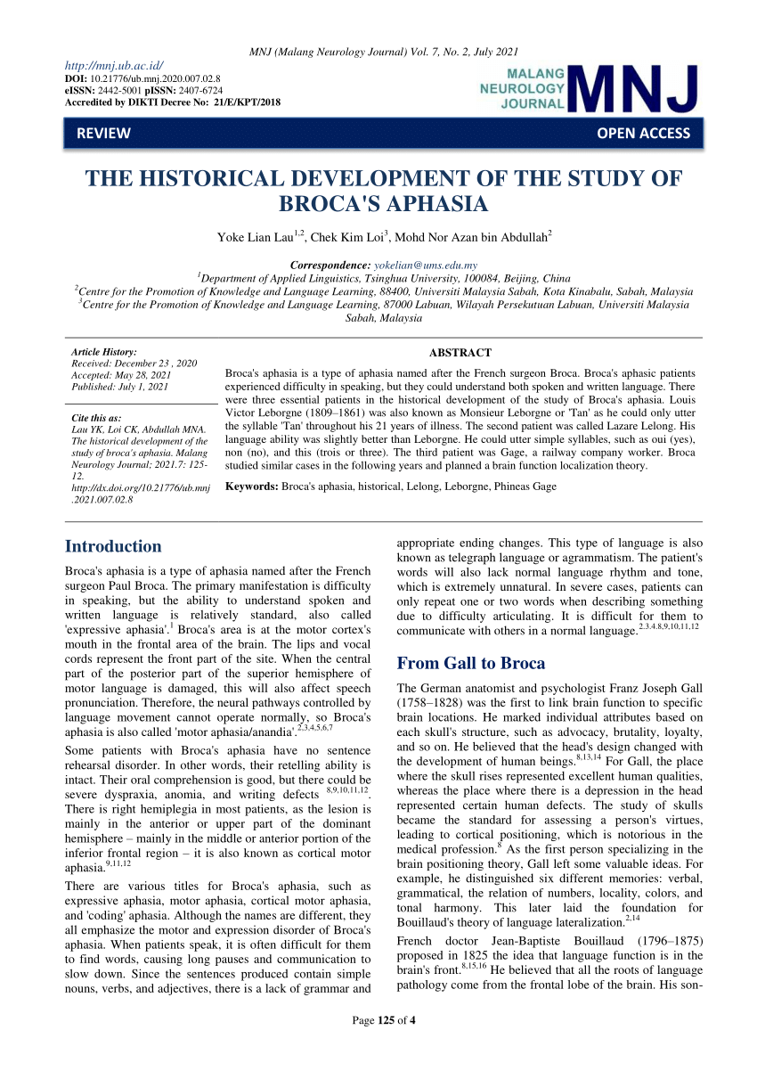 PDF) THE HISTORICAL DEVELOPMENT OF THE STUDY OF BROCA'S APHASIA