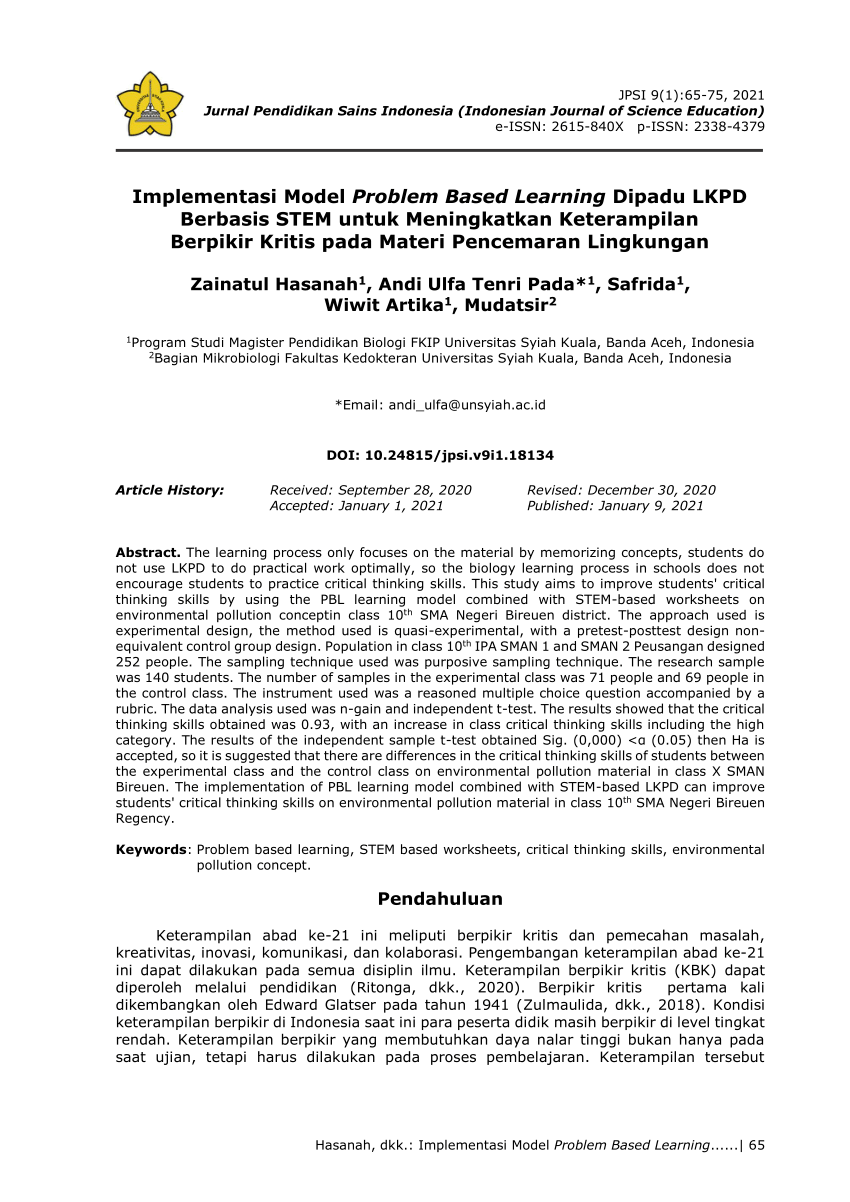 Pdf Implementasi Model Problem Based Learning Dipadu Lkpd Berbasis Stem Untuk Meningkatkan