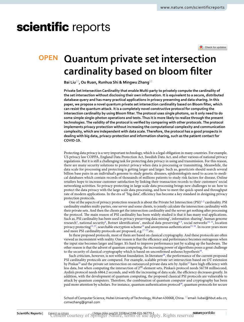 PDF) Quantum private set intersection cardinality based on bloom 