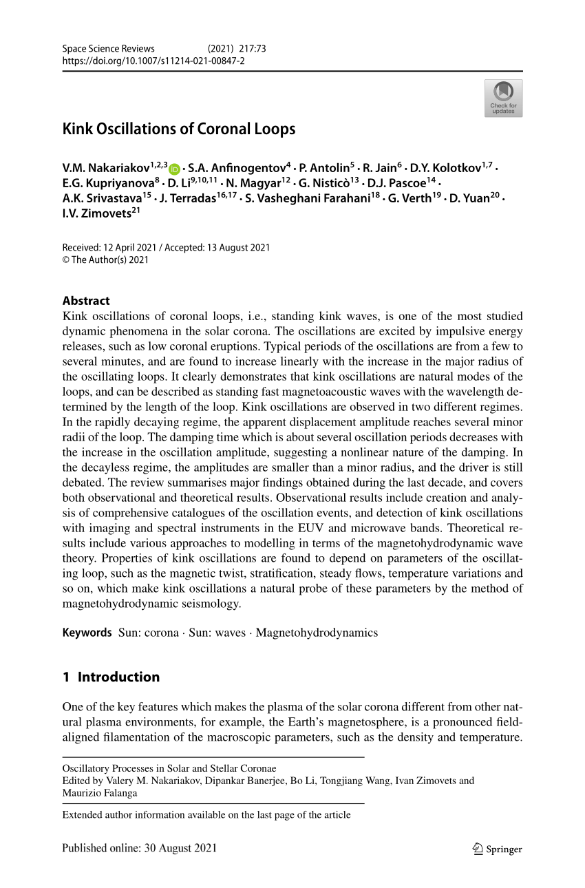 PDF) Kink Oscillations of Coronal Loops