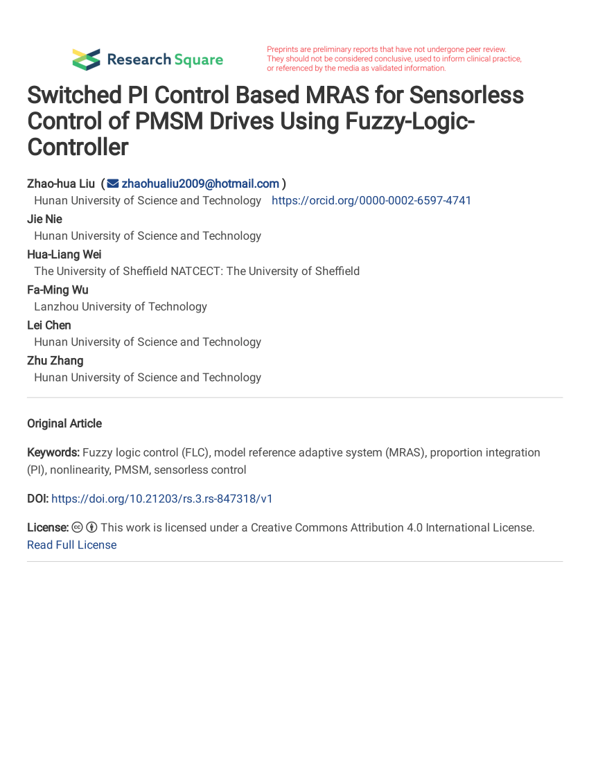 PDF) Switched PI Control Based MRAS for Sensorless Control of PMSM 