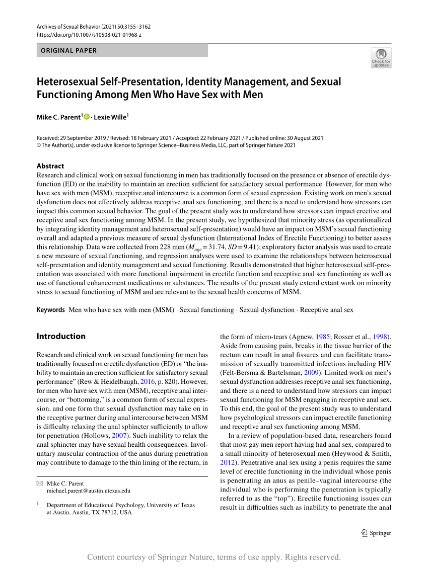 Heterosexual Self Presentation Identity Management And Sexual Functioning Among Men Who Have