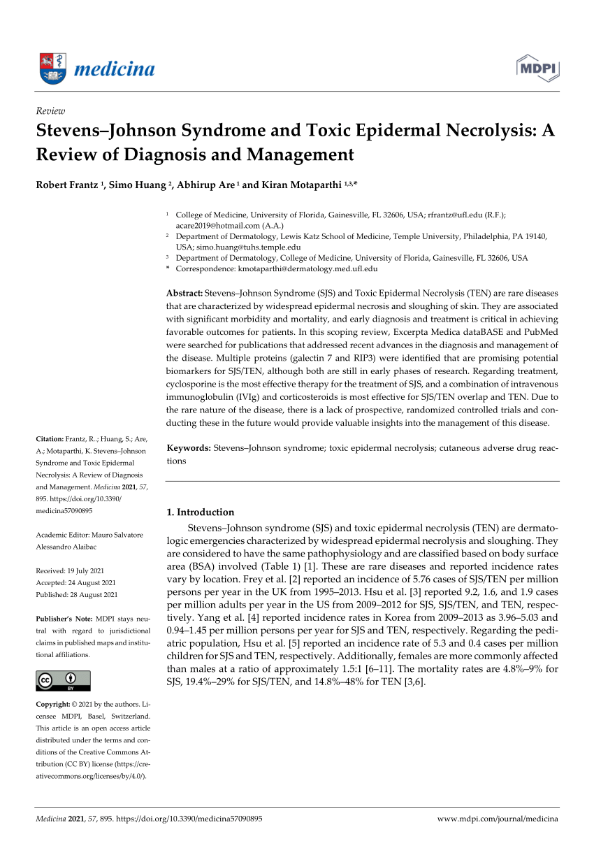 Pdf Stevensjohnson Syndrome And Toxic Epidermal Necrolysis A Review