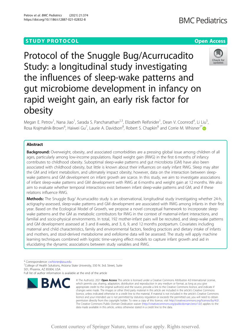 PDF) Protocol of the Snuggle Bug/Acurrucadito Study: a longitudinal study  investigating the influences of sleep-wake patterns and gut microbiome  development in infancy on rapid weight gain, an early risk factor for  obesity