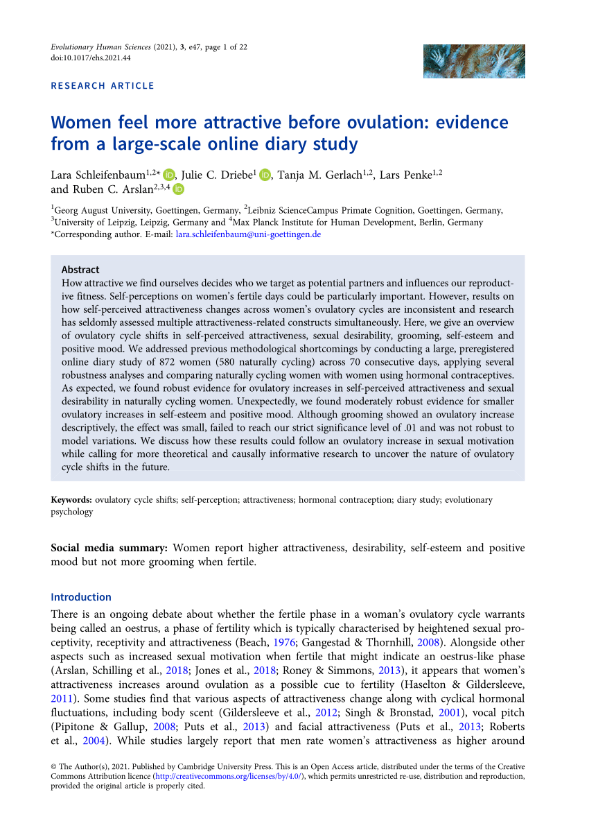 Women feel more attractive before ovulation: evidence from a large-scale  online diary study, Evolutionary Human Sciences