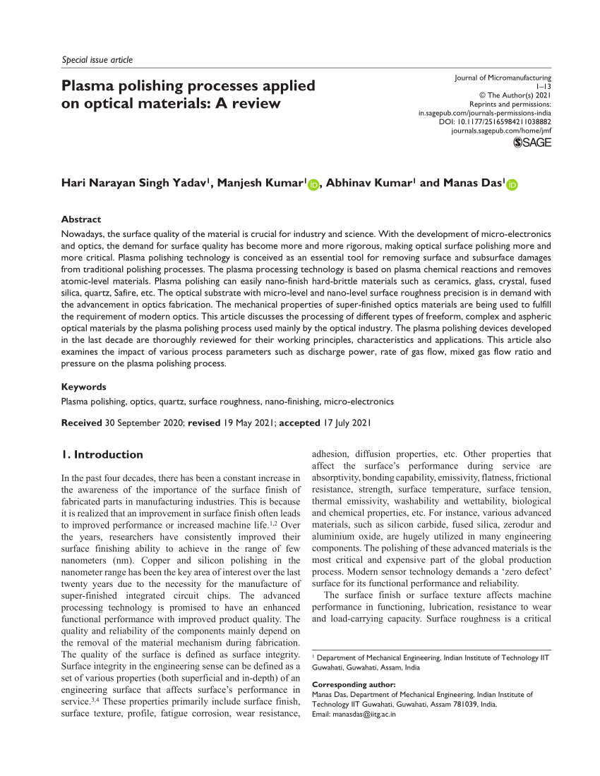 (PDF) Plasma polishing processes applied on optical materials A review