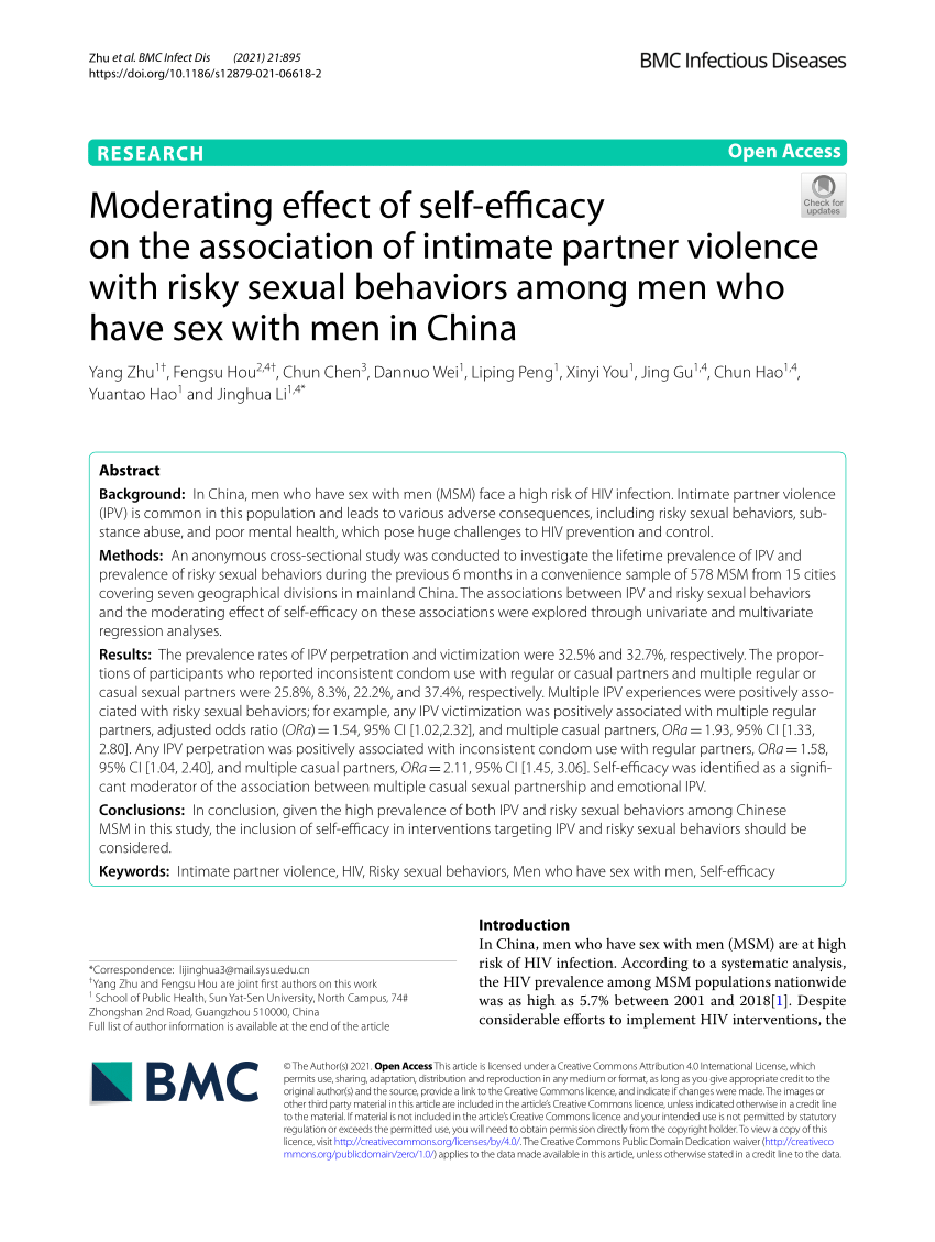 PDF) Moderating effect of self-efficacy on the association of intimate partner violence with risky sexual behaviors among men who have sex with men in China image