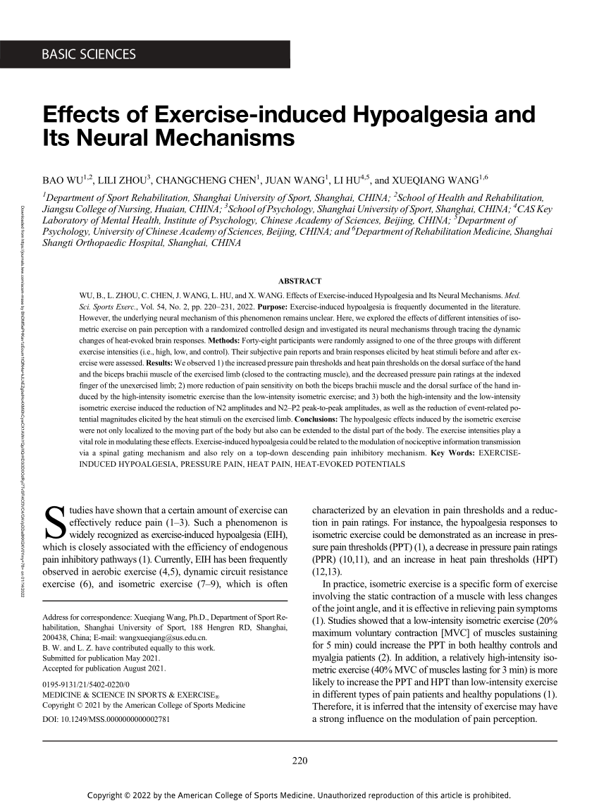 PDF) Effects of Exercise-induced Hypoalgesia and Its Neural Mechanisms