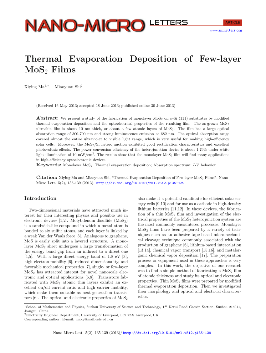 (PDF) Thermal Evaporation Deposition of Fewlayer MoS2 Films