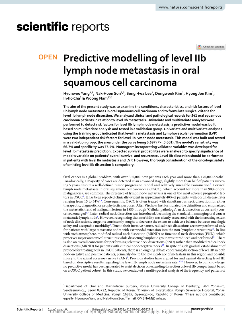 Pdf Predictive Modelling Of Level Iib Lymph Node Metastasis In Oral Squamous Cell Carcinoma 