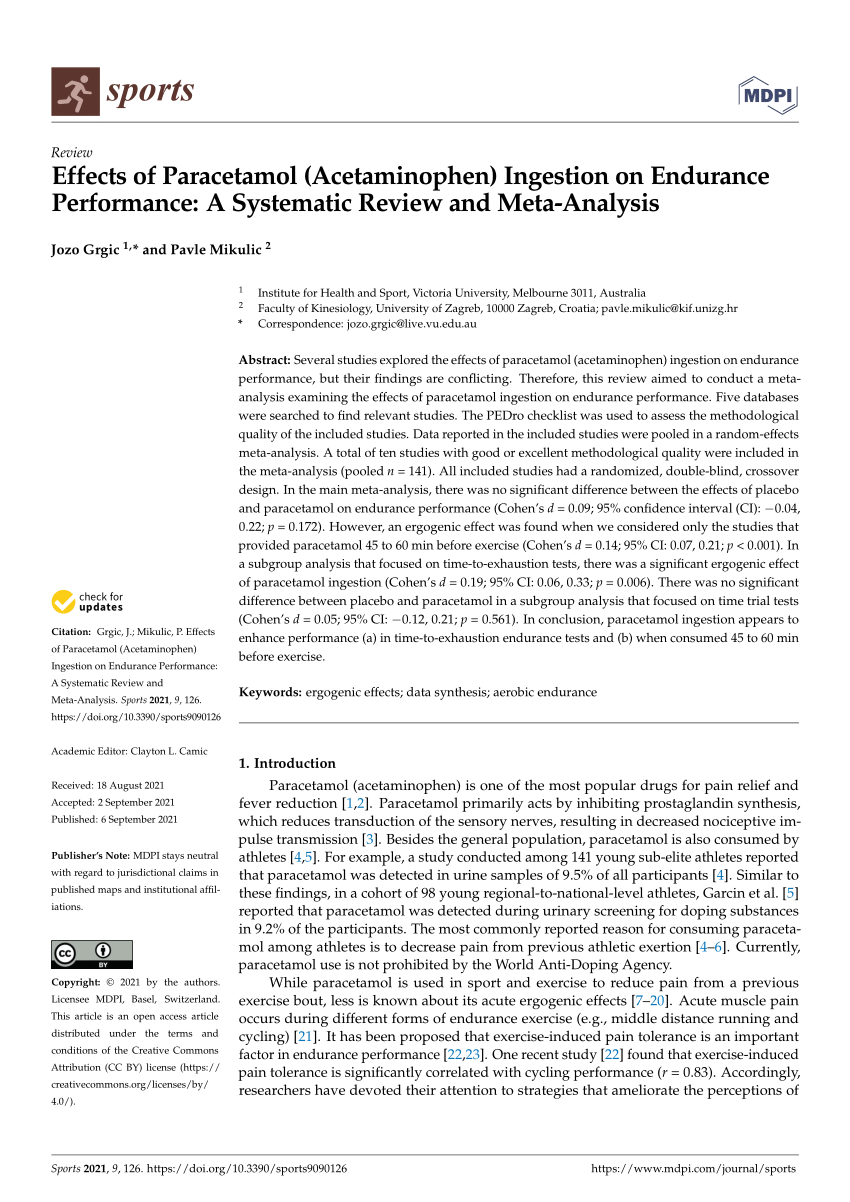 Pdf Effects Of Paracetamol Acetaminophen Ingestion On Endurance Performance A Systematic Review And Meta Analysis
