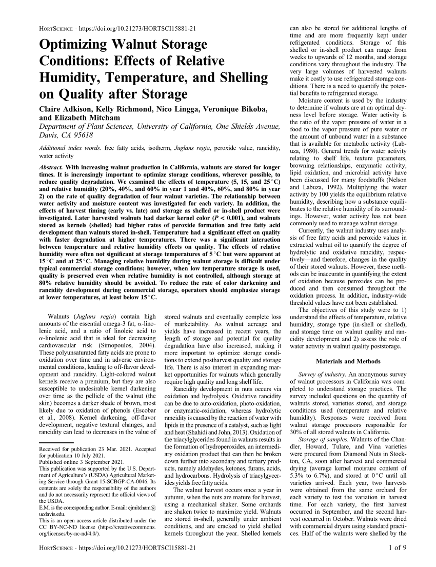 Pdf Optimizing Walnut Storage Conditions Effects Of Relative Humidity Temperature And Shelling On Quality After Storage