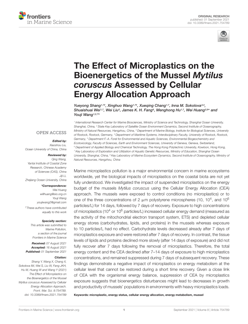 PDF) The Effect of Microplastics on the Bioenergetics of the Mussel Mytilus  coruscus Assessed by Cellular Energy Allocation Approach