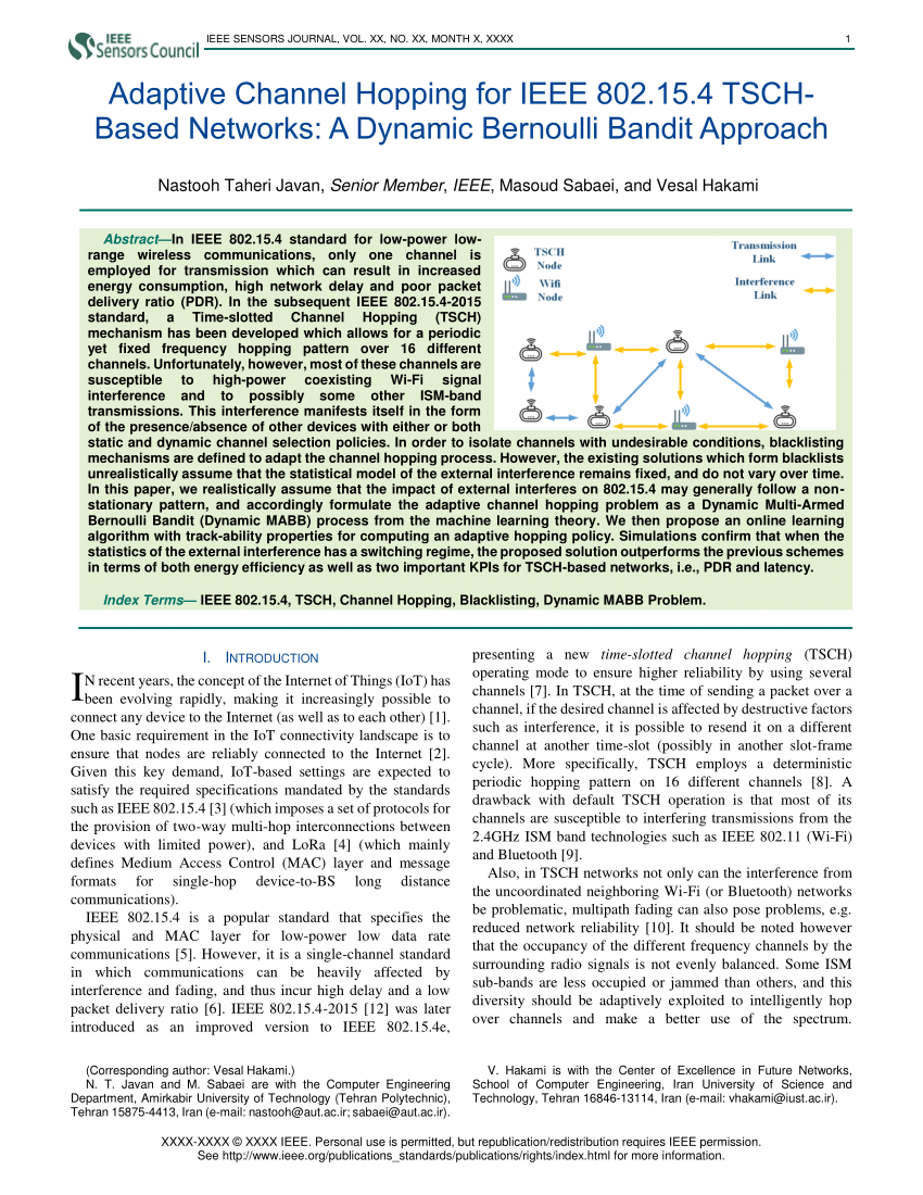 PDF) Adaptive Channel Hopping for IEEE 802.15.4 TSCH-Based Networks: A  Dynamic Bernoulli Bandit Approach