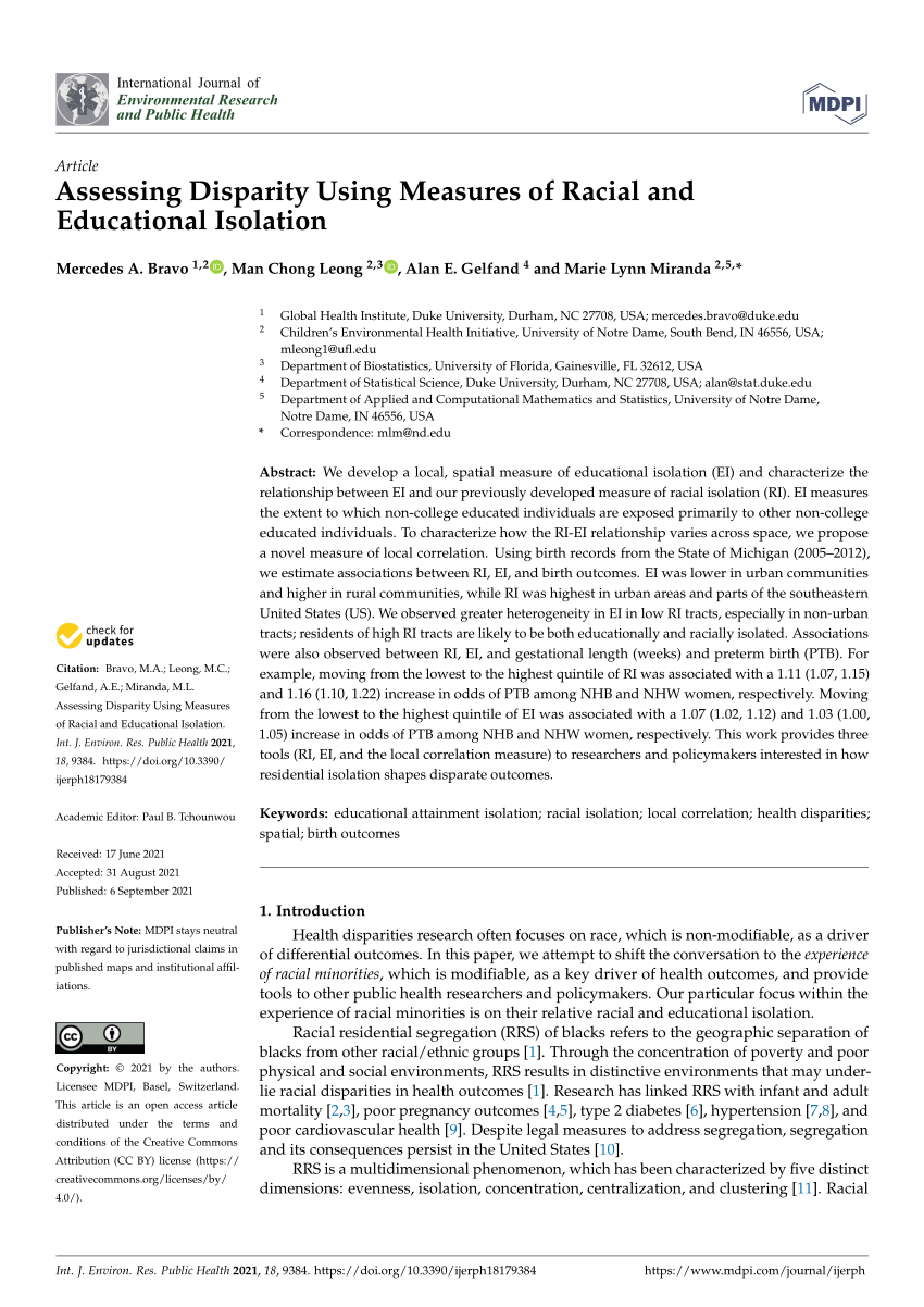 Pdf Assessing Disparity Using Measures Of Racial And Educational Isolation