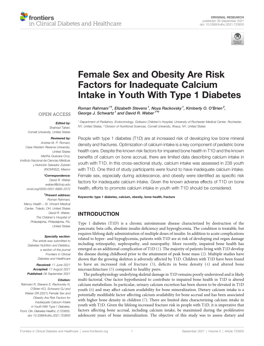 Pdf Female Sex And Obesity Are Risk Factors For Inadequate Calcium Intake In Youth With Type 1 